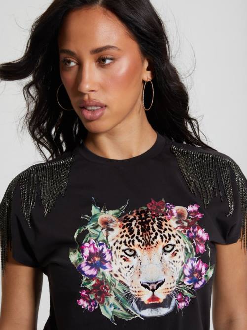 GUESS camiseta con flecos de leopardo mujer 0P8X995 negro azabache ácido vestir