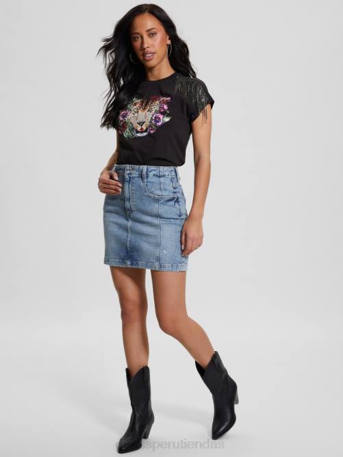 GUESS camiseta con flecos de leopardo mujer 0P8X995 negro azabache ácido vestir