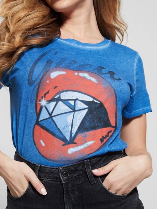 GUESS camiseta con gráfico de labios de diamante mujer 0P8X1182 sangre azul multi vestir