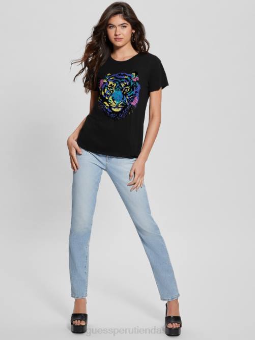 GUESS camiseta con tigre y diamantes de imitación mujer 0P8X1016 negro vestir
