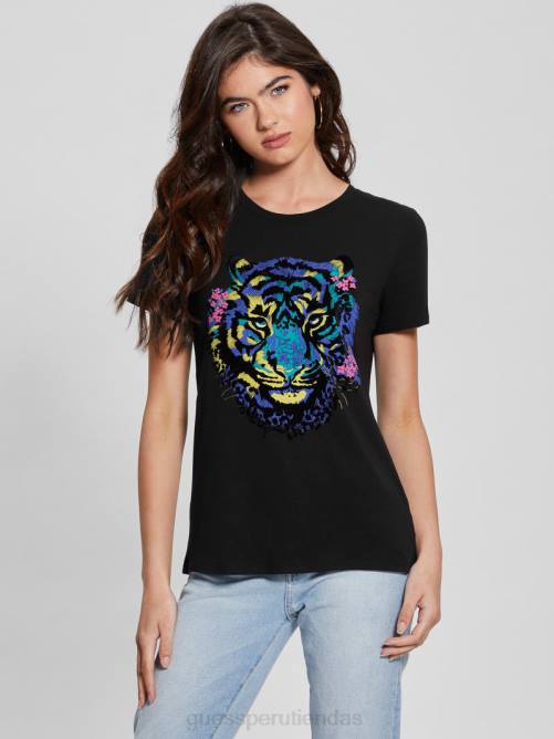 GUESS camiseta con tigre y diamantes de imitación mujer 0P8X1016 negro vestir