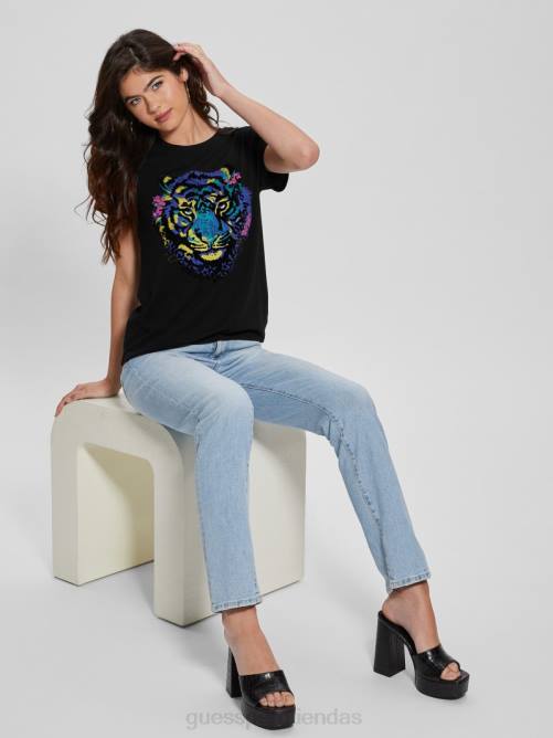 GUESS camiseta con tigre y diamantes de imitación mujer 0P8X1016 negro vestir
