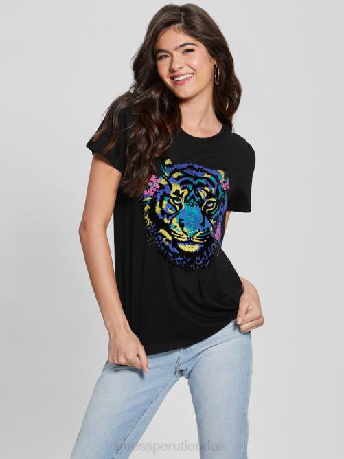GUESS camiseta con tigre y diamantes de imitación mujer 0P8X1016 negro vestir