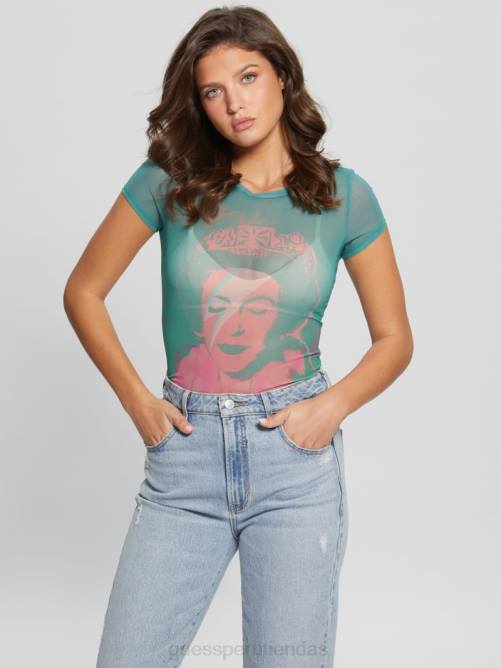 GUESS camiseta de malla con gráfico eco queen mujer 0P8X1118 agua del caribe multi vestir