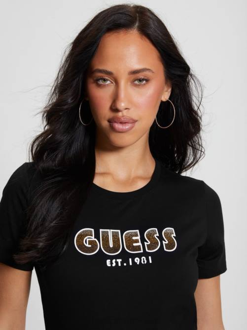 GUESS camiseta ecológica con cuello redondo y logo de strass mujer 0P8X1295 negro vestir