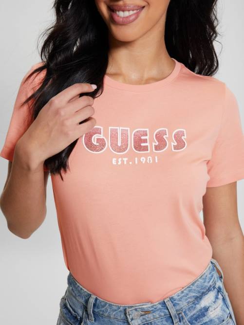 GUESS camiseta ecológica con cuello redondo y logo de strass mujer 0P8X962 rosa en polvo vestir