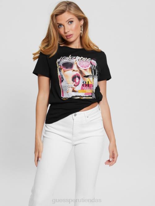GUESS camiseta gráfica de revista maravillosa mujer 0P8X1157 negro vestir