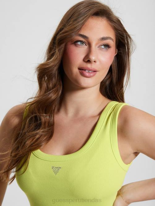GUESS camiseta sin mangas eco triangular brillante acanalada mujer 0P8X1023 kiwi polvoriento vestir