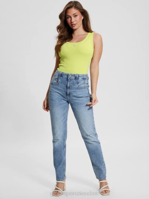 GUESS camiseta sin mangas eco triangular brillante acanalada mujer 0P8X1023 kiwi polvoriento vestir