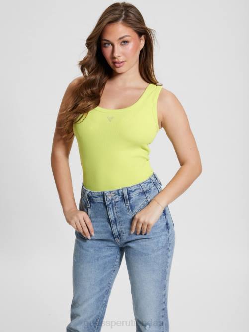 GUESS camiseta sin mangas eco triangular brillante acanalada mujer 0P8X1023 kiwi polvoriento vestir