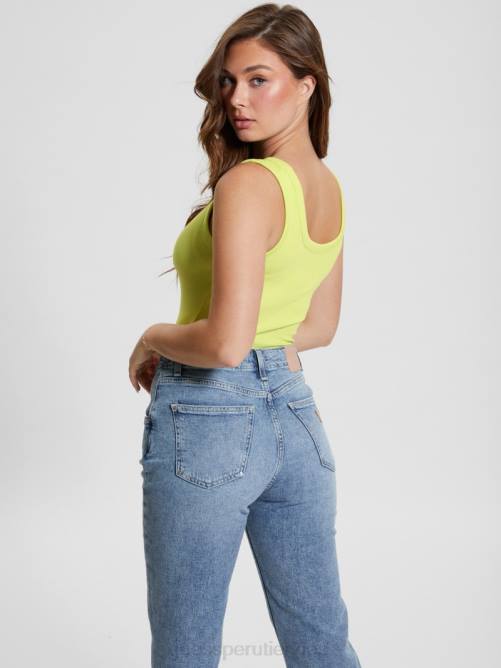 GUESS camiseta sin mangas eco triangular brillante acanalada mujer 0P8X1023 kiwi polvoriento vestir