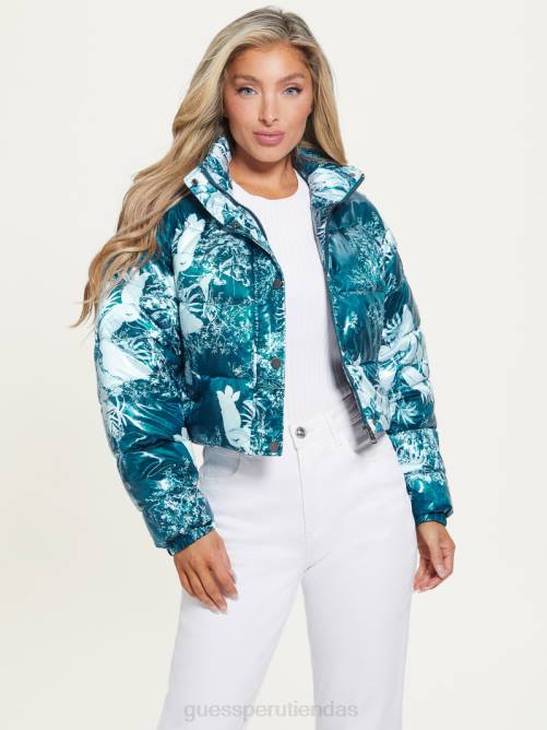 GUESS chaqueta acolchada corta gabi mujer 0P8X1952 estampado verde azulado del jardín campestre vestir