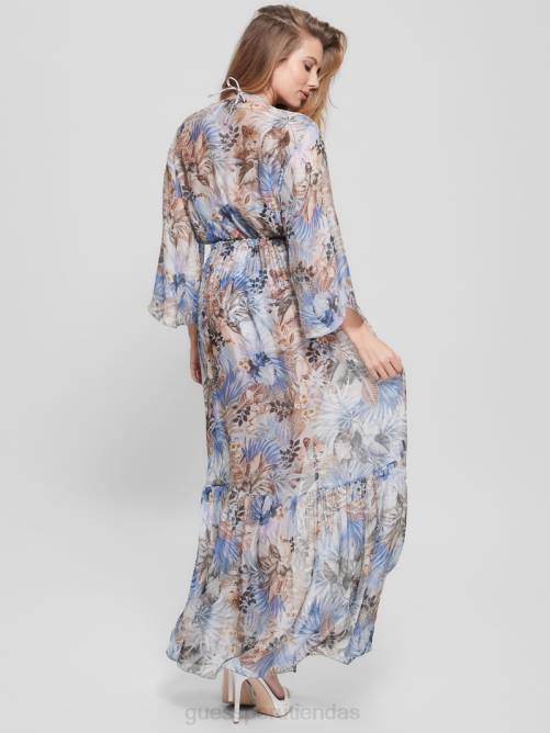 GUESS kimono largo en mezcla de seda mujer 0P8X2541 follaje de animales grandes vestir