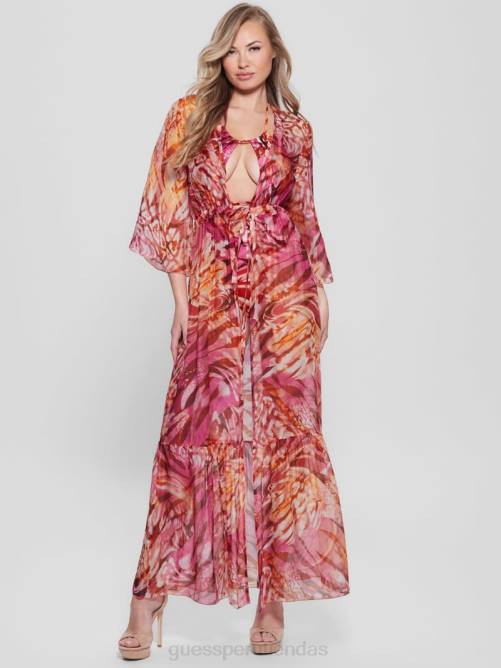 GUESS kimono largo en mezcla de seda mujer 0P8X2571 animal más colorido vestir