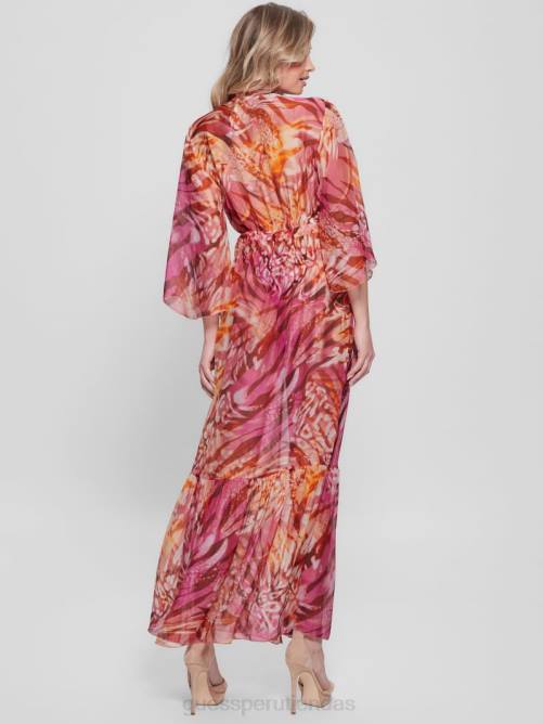 GUESS kimono largo en mezcla de seda mujer 0P8X2571 animal más colorido vestir
