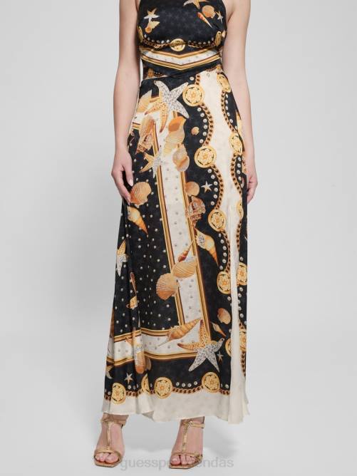 GUESS falda larga de satén dora mujer 0P8X2026 estampado de conchas negras vestir