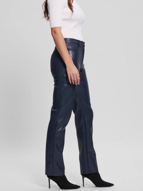 GUESS pantalones rectos kelly de piel sintética mujer 0P8X2294 azul ennegrecido vestir