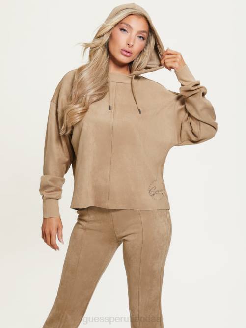 GUESS sudadera con capucha eco zorina de gamuza mujer 0P8X1864 globo terráqueo beige vestir