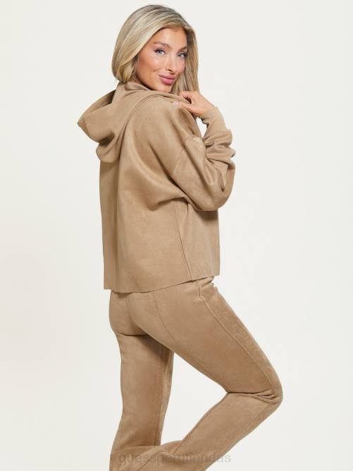 GUESS sudadera con capucha eco zorina de gamuza mujer 0P8X1864 globo terráqueo beige vestir