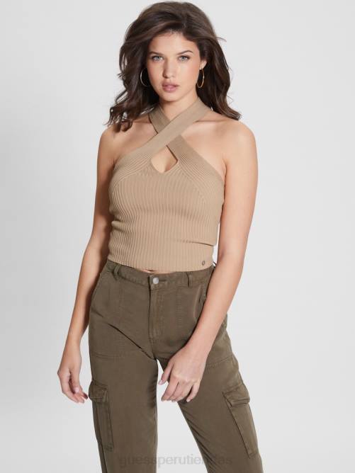 GUESS suéter claire top corto con cuello halter mujer 0P8X934 bronceado caqui vestir