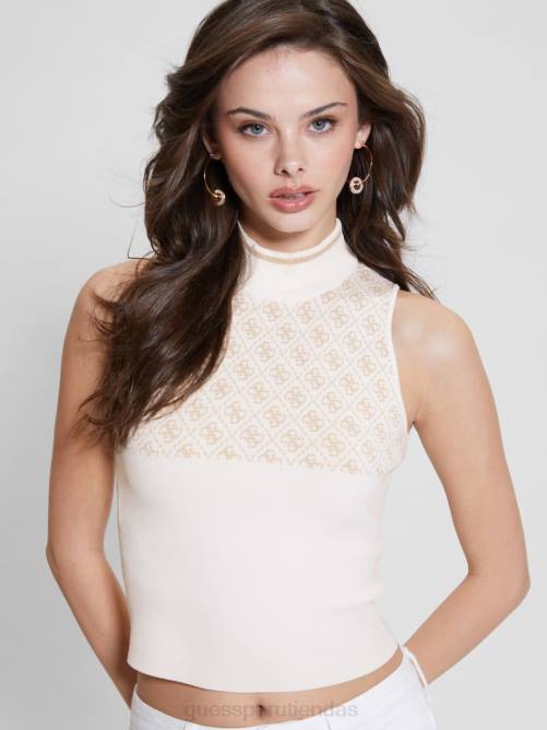 GUESS top con cuello alto y logo quattro g mujer 0P8X1079 combo irlandés y crema vestir