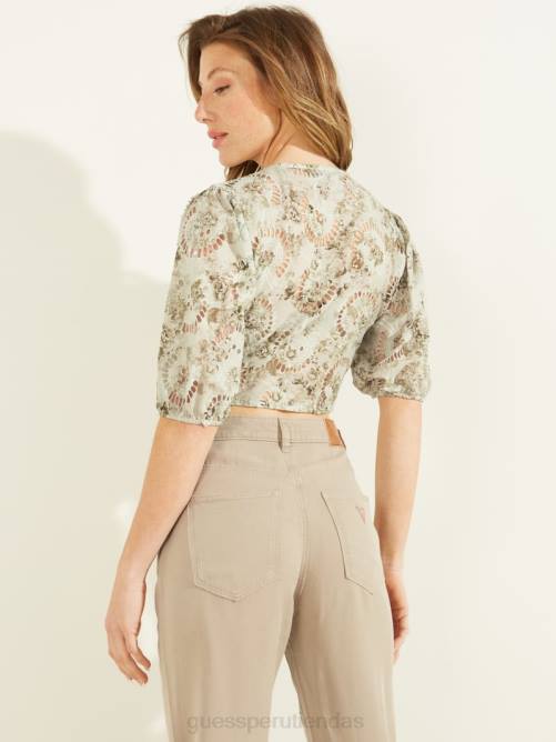 GUESS top con ojales silvia mujer 0P8X1282 estampado de flores al atardecer verde vestir
