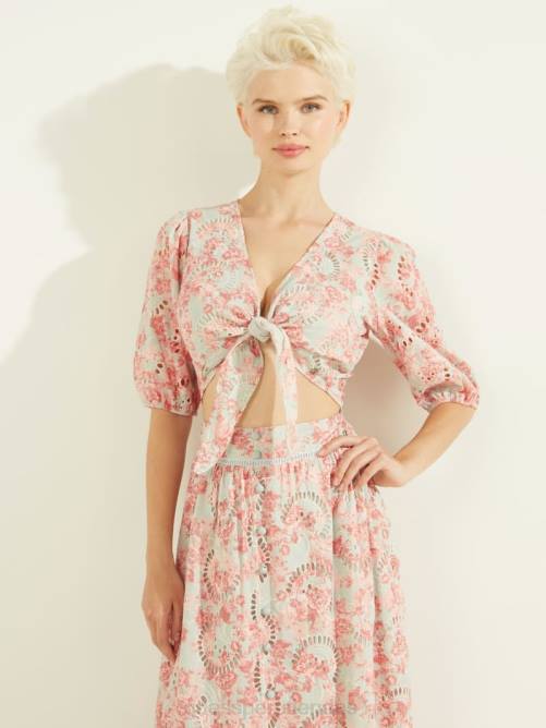 GUESS top con ojales silvia mujer 0P8X1536 coral con estampado de flores al atardecer vestir