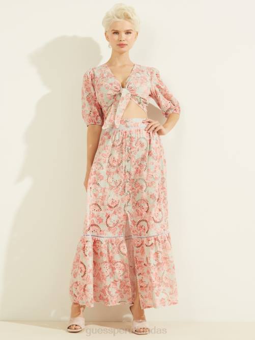 GUESS top con ojales silvia mujer 0P8X1536 coral con estampado de flores al atardecer vestir