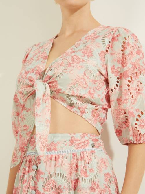 GUESS top con ojales silvia mujer 0P8X1536 coral con estampado de flores al atardecer vestir