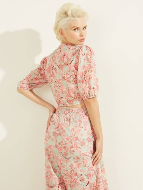 GUESS top con ojales silvia mujer 0P8X1536 coral con estampado de flores al atardecer vestir