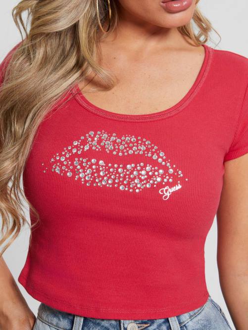 GUESS top corto con labios de strass ecológicos mujer 0P8X1419 karma rosa vestir