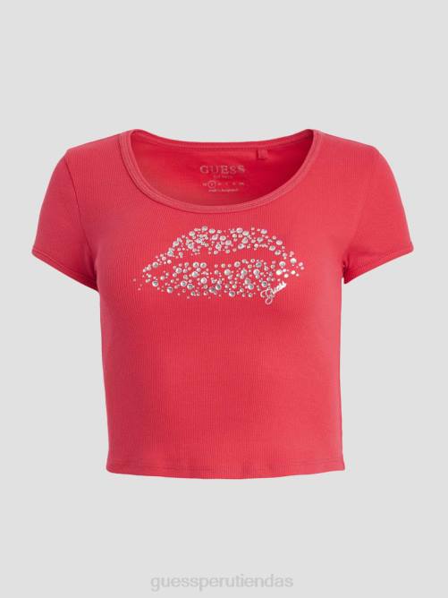 GUESS top corto con labios de strass ecológicos mujer 0P8X1419 karma rosa vestir