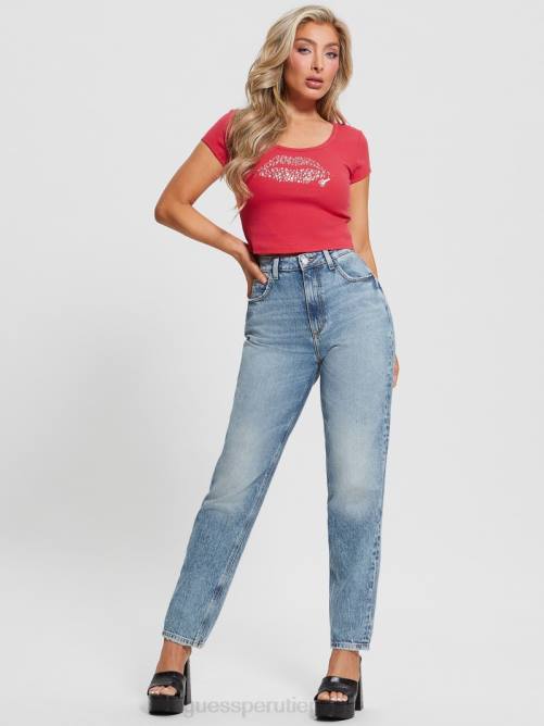 GUESS top corto con labios de strass ecológicos mujer 0P8X1419 karma rosa vestir
