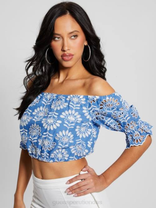 GUESS top corto con lazo bordado y ojales mujer 0P8X960 claramente azul multi vestir