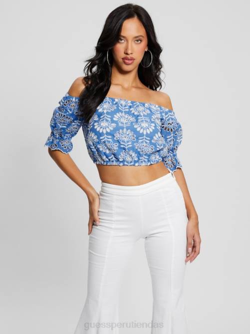 GUESS top corto con lazo bordado y ojales mujer 0P8X960 claramente azul multi vestir