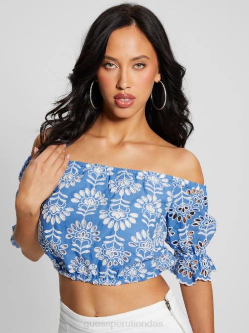 GUESS top corto con lazo bordado y ojales mujer 0P8X960 claramente azul multi vestir