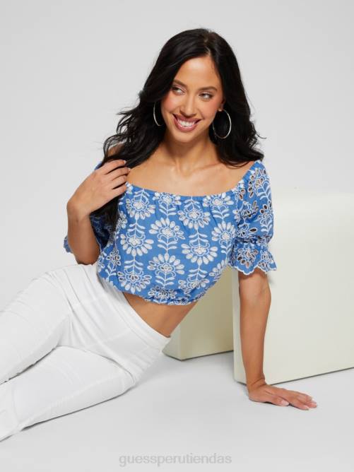 GUESS top corto con lazo bordado y ojales mujer 0P8X960 claramente azul multi vestir