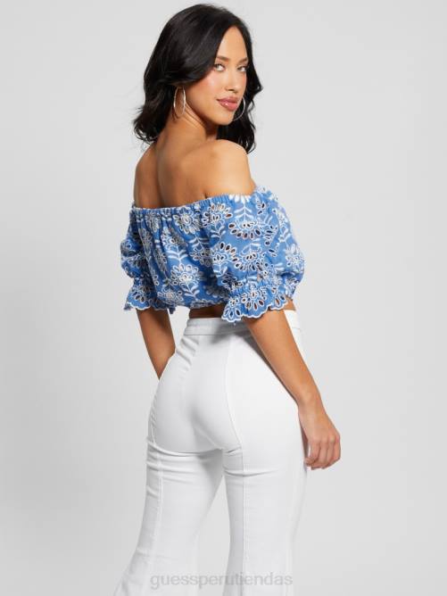 GUESS top corto con lazo bordado y ojales mujer 0P8X960 claramente azul multi vestir