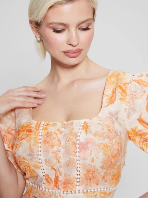 GUESS top corto eco cassandra abullonado floral mujer 0P8X1309 flor de mandarina vestir