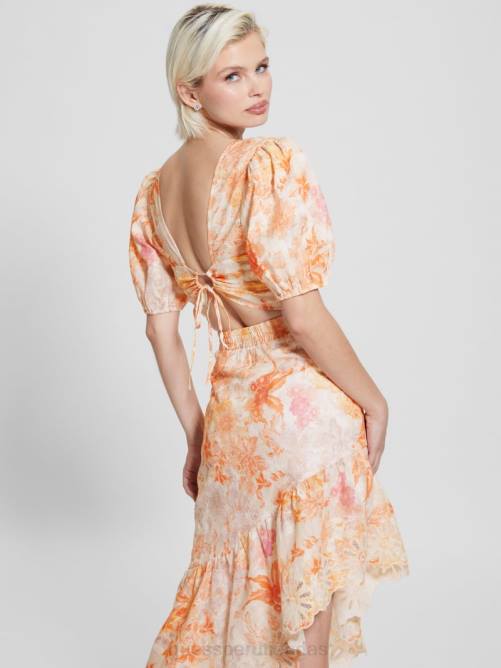 GUESS top corto eco cassandra abullonado floral mujer 0P8X1309 flor de mandarina vestir