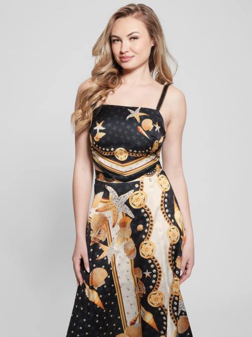 GUESS top corto tipo bufanda de satén bassma mujer 0P8X1206 estampado de conchas negras vestir