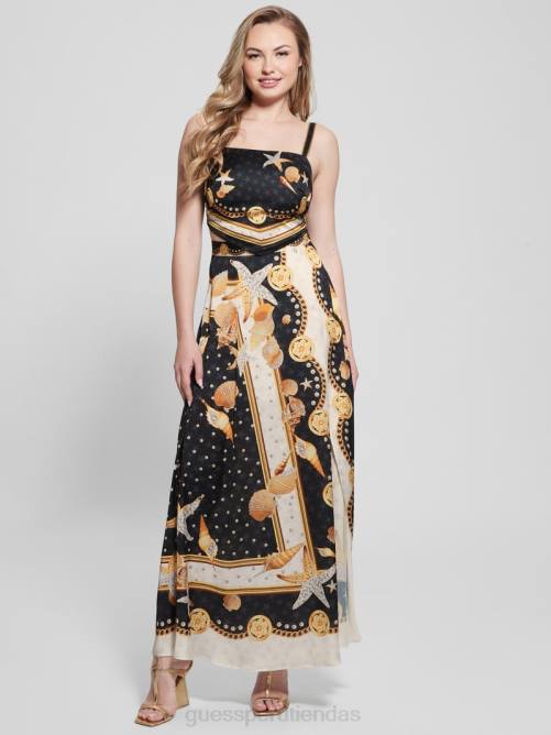 GUESS top corto tipo bufanda de satén bassma mujer 0P8X1206 estampado de conchas negras vestir