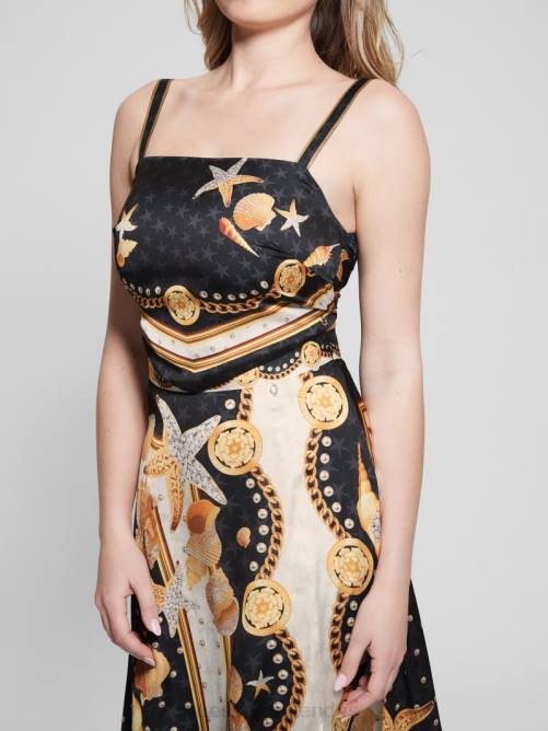 GUESS top corto tipo bufanda de satén bassma mujer 0P8X1206 estampado de conchas negras vestir