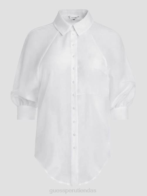GUESS top de media manga de voile cate mujer 0P8X999 blanco puro vestir