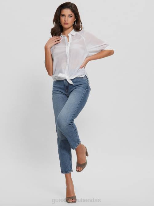 GUESS top de media manga de voile cate mujer 0P8X999 blanco puro vestir