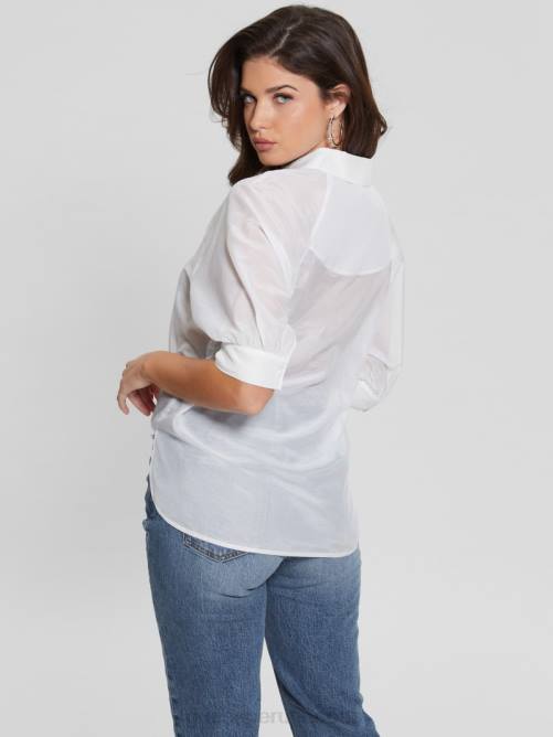 GUESS top de media manga de voile cate mujer 0P8X999 blanco puro vestir