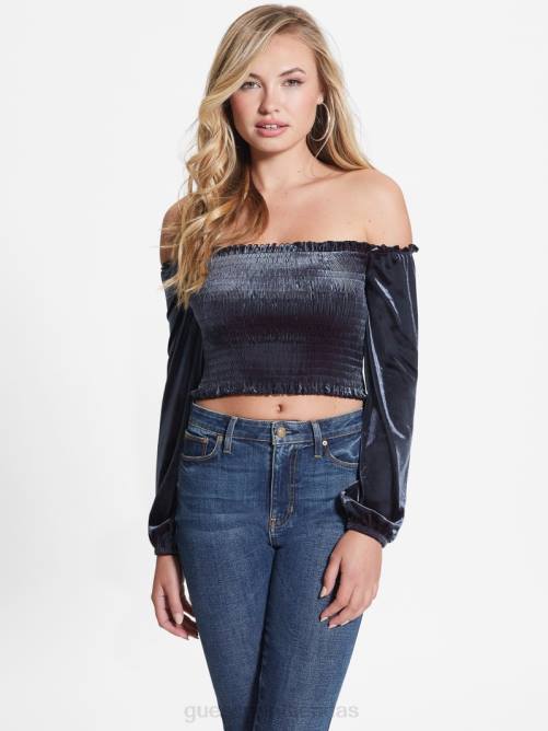 GUESS top hima de terciopelo con hombros descubiertos mujer 0P8X1500 mar nórdico multi vestir