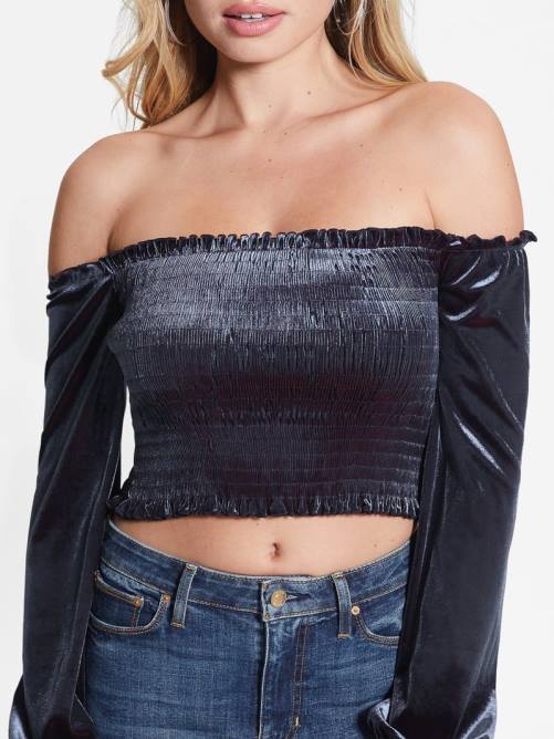 GUESS top hima de terciopelo con hombros descubiertos mujer 0P8X1500 mar nórdico multi vestir