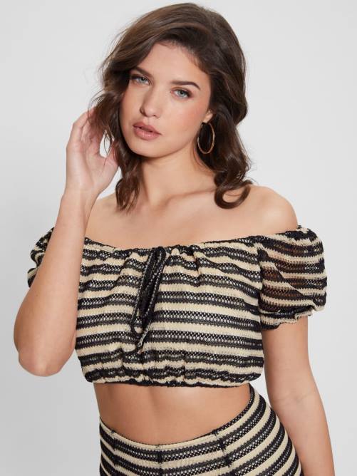 GUESS top maya de malla con mangas abullonadas mujer 0P8X932 combinación blanco negro vestir