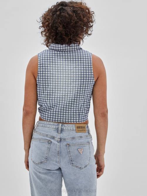 GUESS top originals de cuadros vichy con lazo en el frente mujer 0P8X1264 cielo nocturno azul multi vestir
